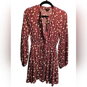 Blu Pepper Burgundy Floral Long-Sleeve Tie-Waist Dress, M